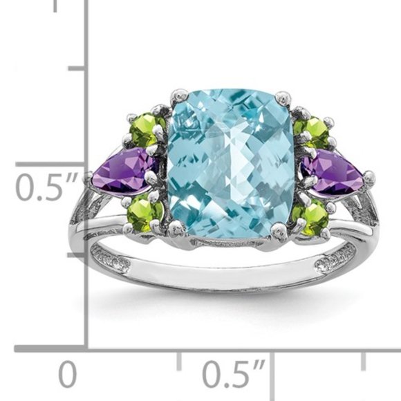 925 Sterling Silver Rhodium Light Swiss Blue Topaz, Amethyst and Peridot Ring - Picture 5 of 8